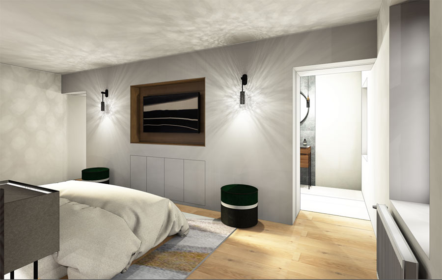 parents' bedroom with integrated TV and cupboards, refined contemporary project in the countryside